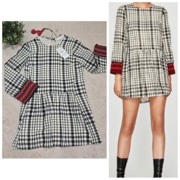 Zara Trafaluc Black & White Checkered Embroidered Drop-Waist Dress, Size Small - Picture 1 of 11